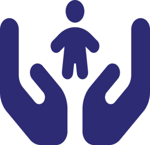 Logo azul de seguridad - Niño entre 2 manos en vertical