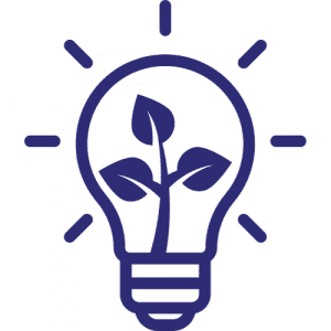 Logo color azul de bombilla encendida que dentro tiene una planta y que representa ideas sostenibles