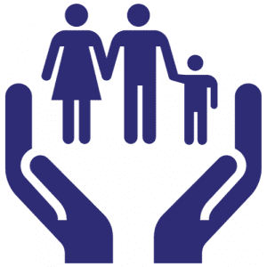 Logo azul de 2 manos que dentro sostienen una familia de padre madre e hijo