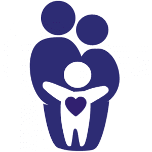 Logo azul de familia unida en el amor, padre y madre con su hijo que tiene un corazón en el pecho