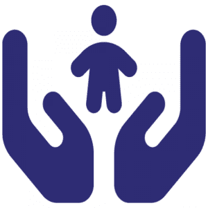Logo azul de seguridad - Niños cuidados con amor - figura de niño entre 2 manos